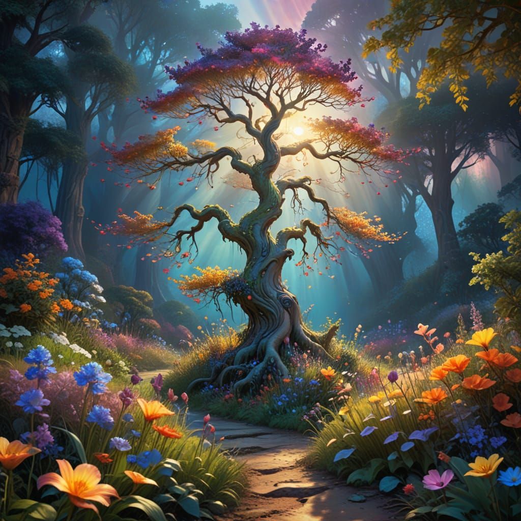 Whimsical Magical Tree in a Vibrant Garden Paradise