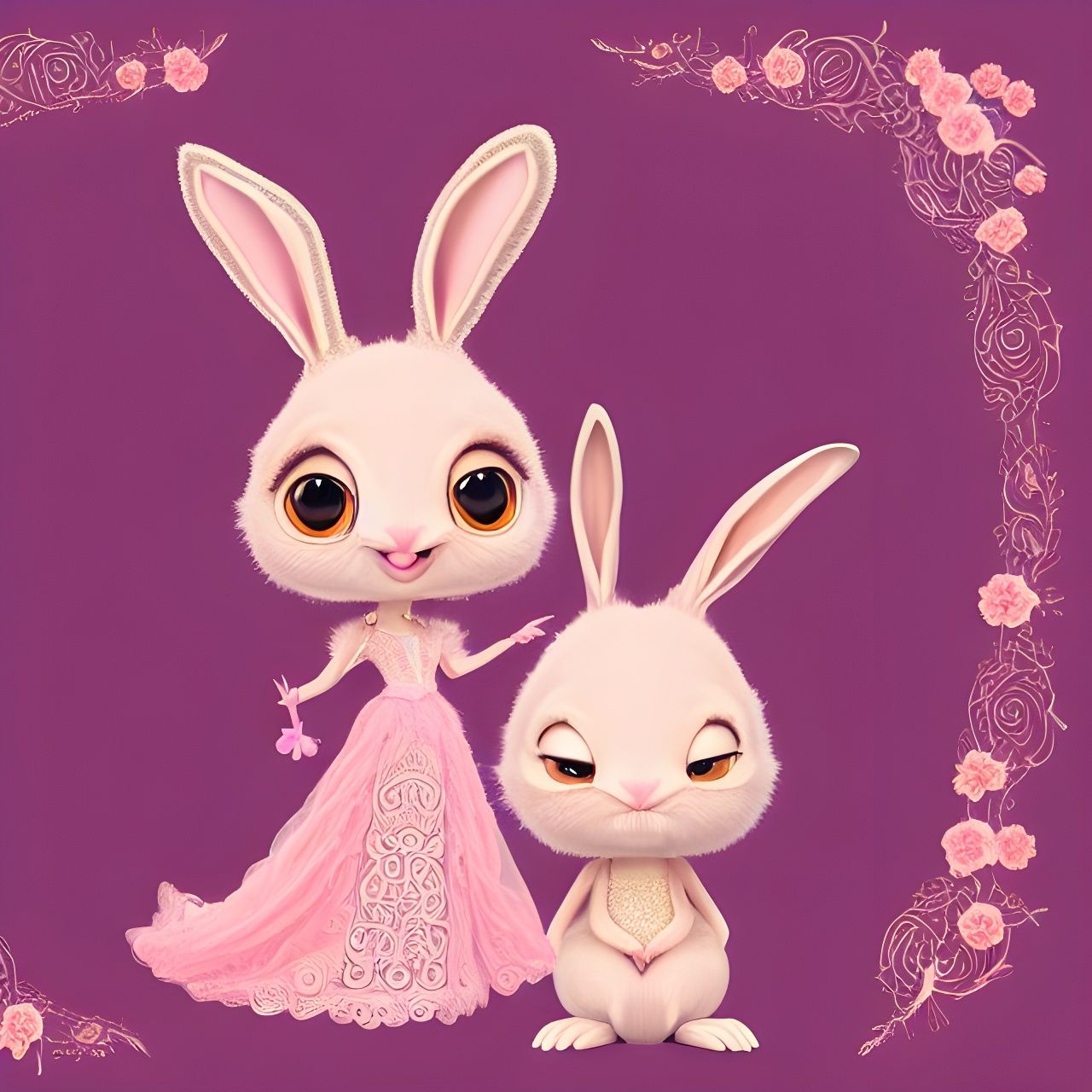 Rabbit Baby in Royal Dress with Lotus, Pixar Style