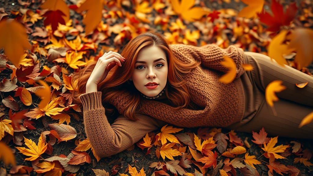 Autumnal Woman in Forest of Falling Leaves