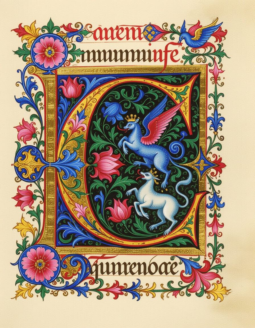 Illuminated Manuscript Initial C with Floral Motifs