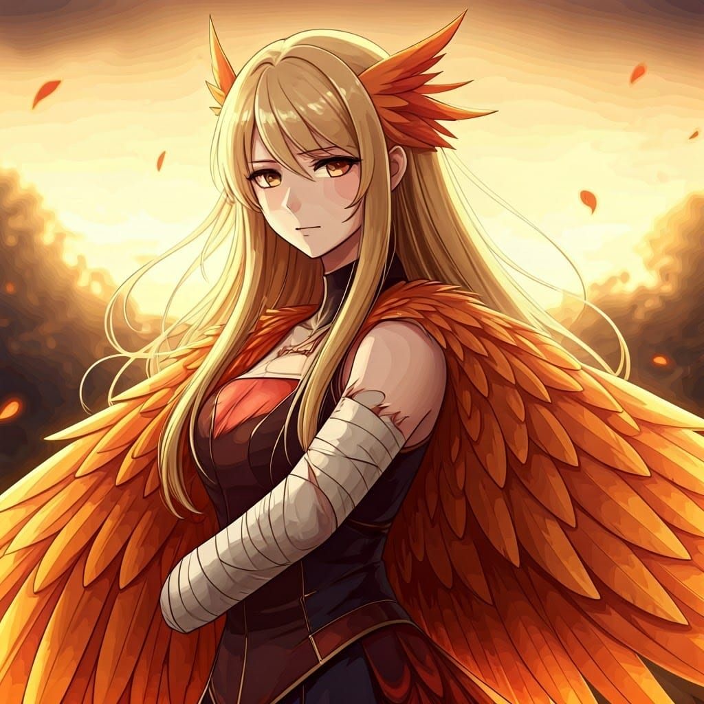 Phoenix with Bandaged Wing in Anime Style