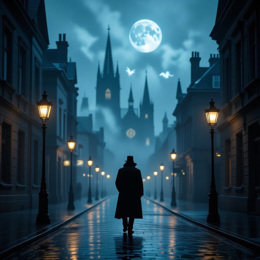 Steampunk Figure in Misty Gothic City at Night