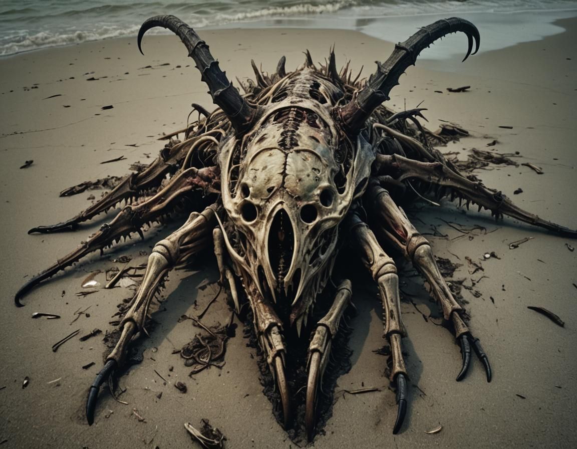 Hyperrealistic Insectoid Carcass on Beach at Night