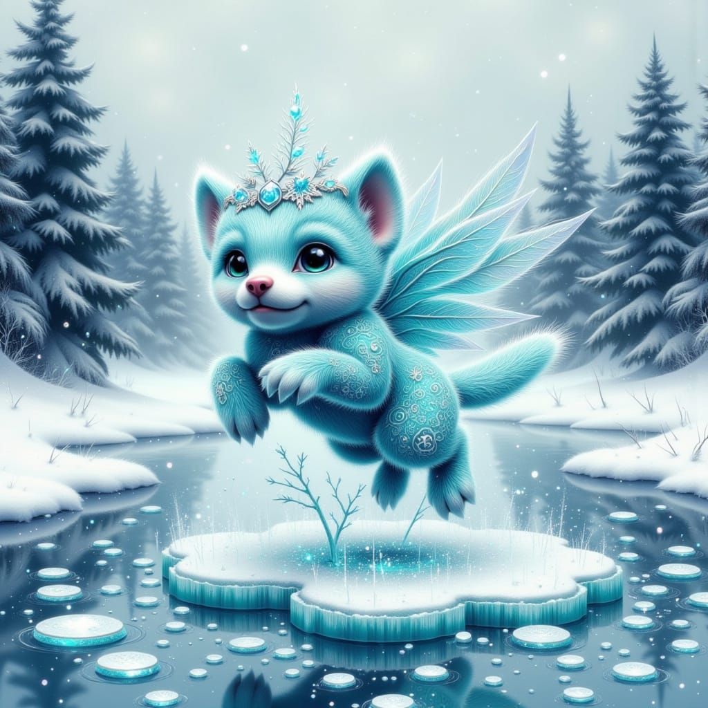 Whimsical Crystal Puppy in Winter Wonderland