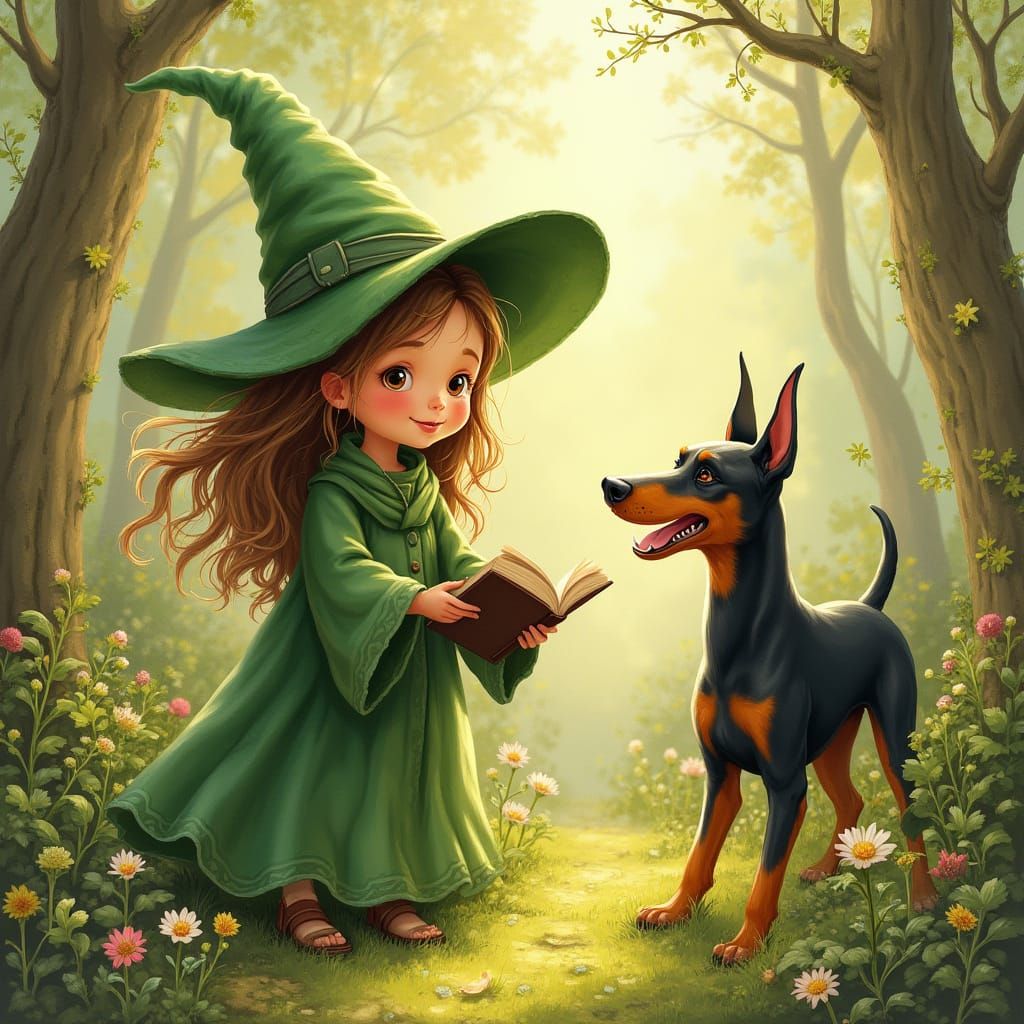 Whimsical Witch and Doberman in Herb Garden