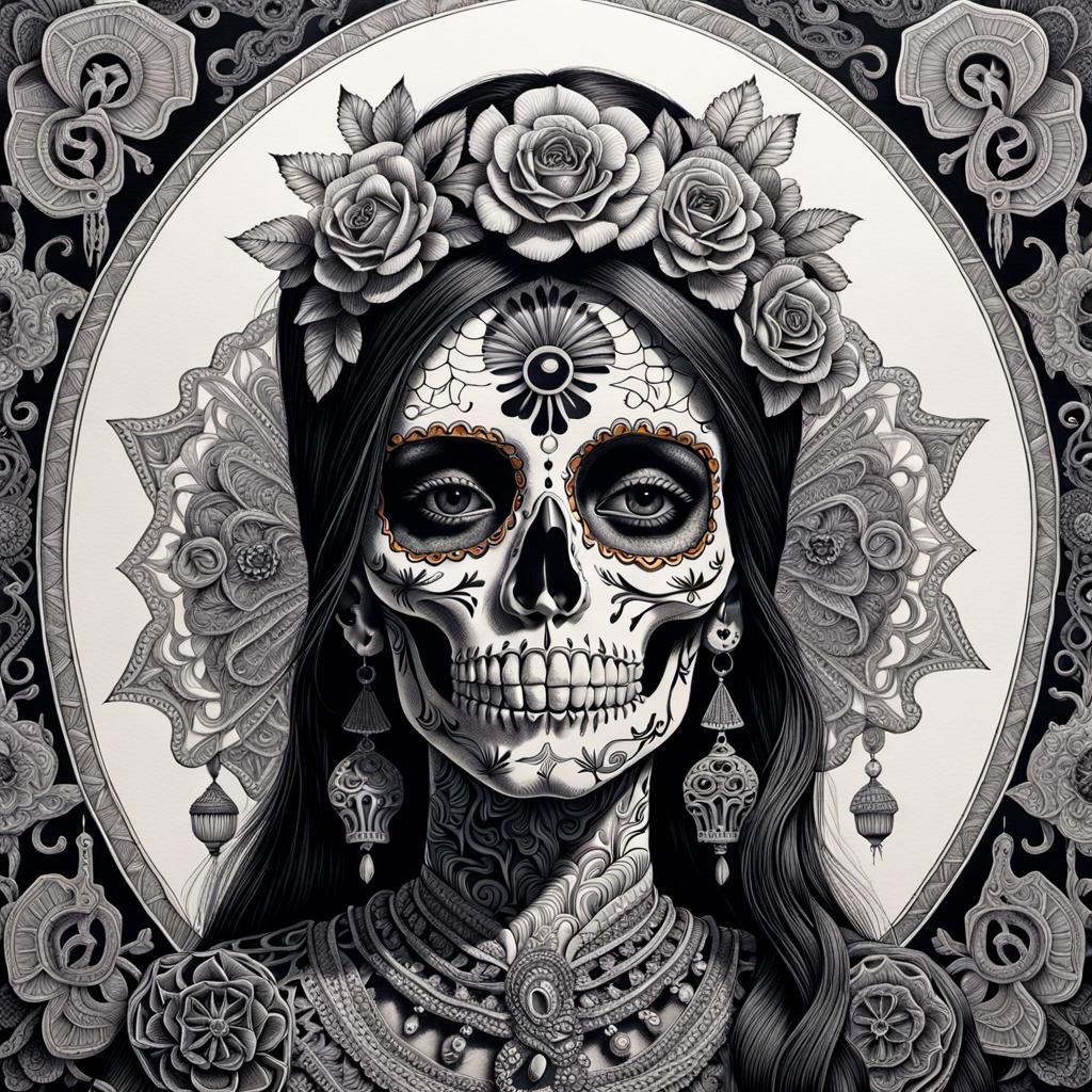 Intricate Ink Drawing of La Catrina