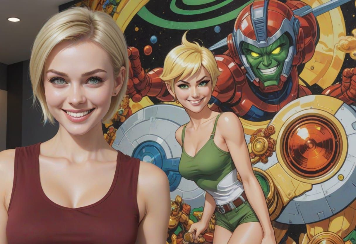 Pixie Woman Posing Before Comic Art Mural