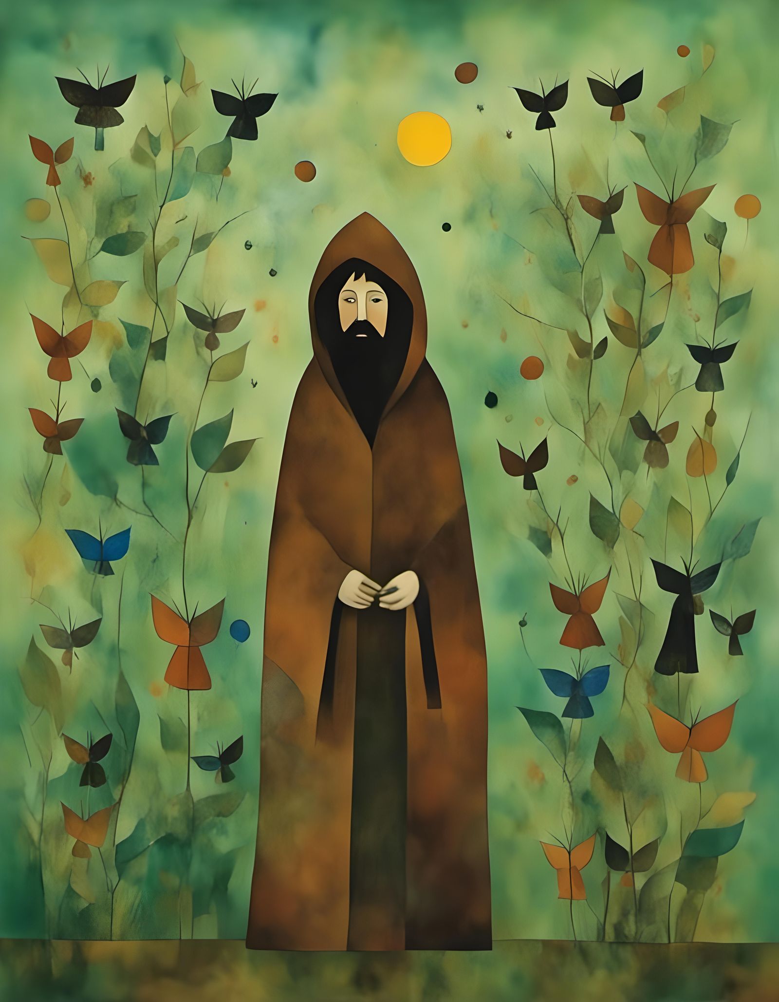 Pagan Man Summons Rain with Butterflies in Watercolour Style