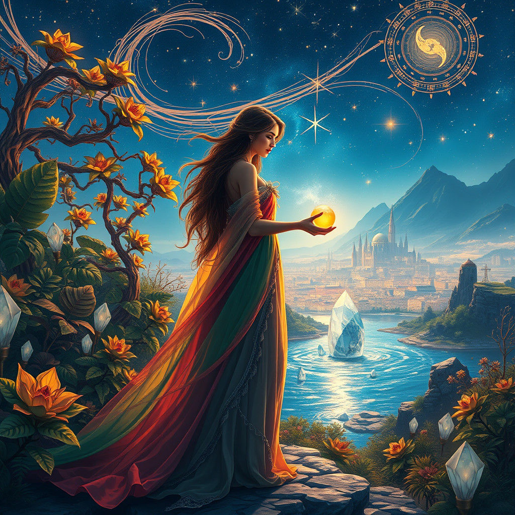 Ethereal Woman with Orb in Fantasy Landscape