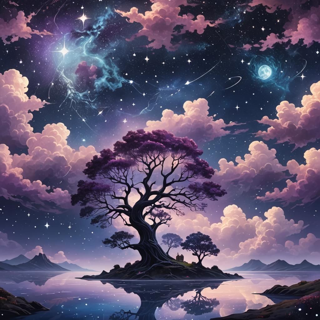 Mystical Island Tree Under Starry Sky