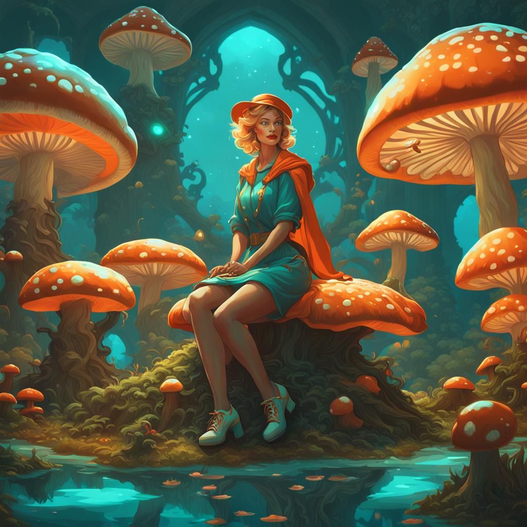 Pinup Girl on Mushroom in Art Nouveau Style