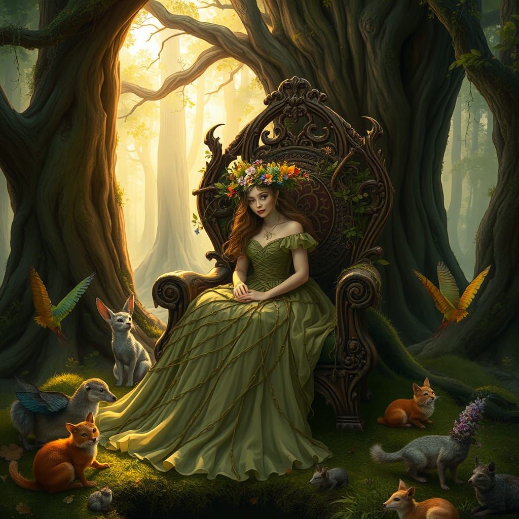 Enchanted Forest Princess in Earthy Greens and Warm Browns