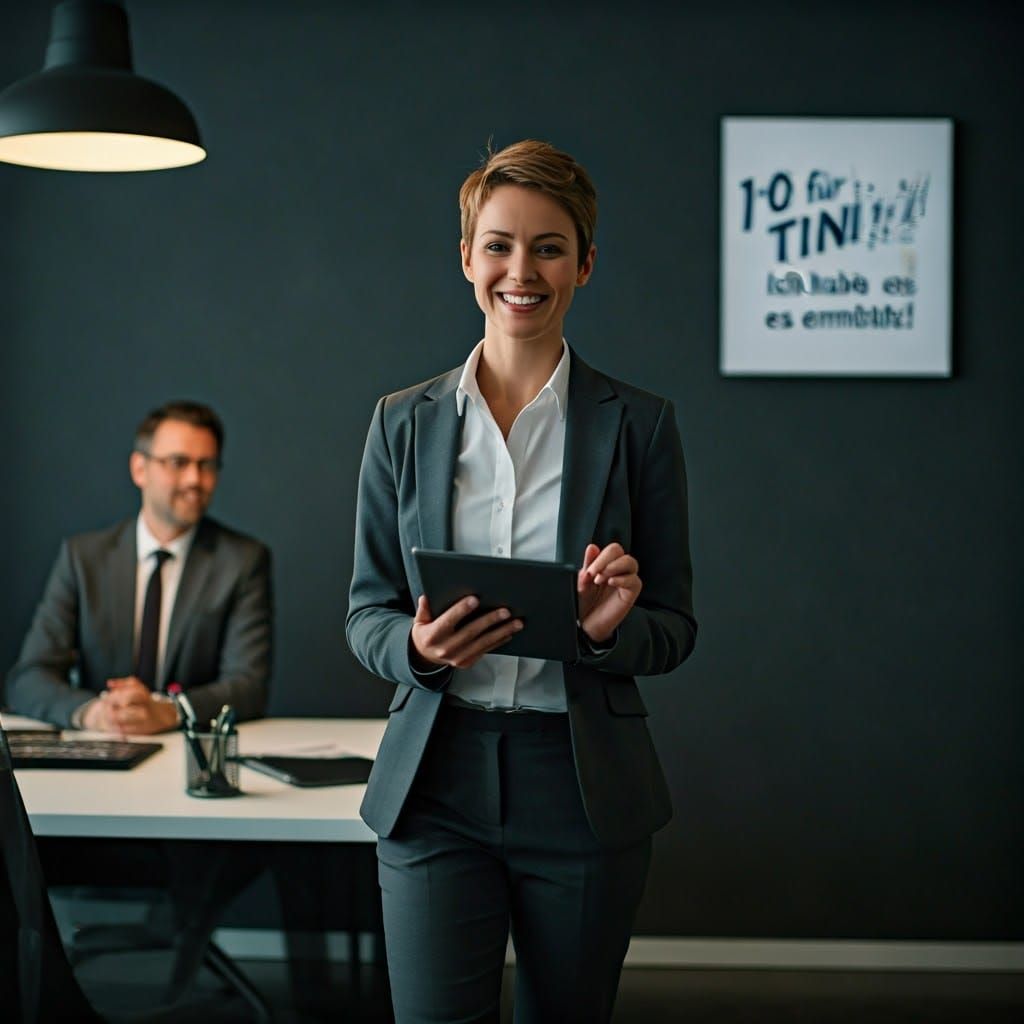 Triumphant Businesswoman Celebrates Success in Film Still St...