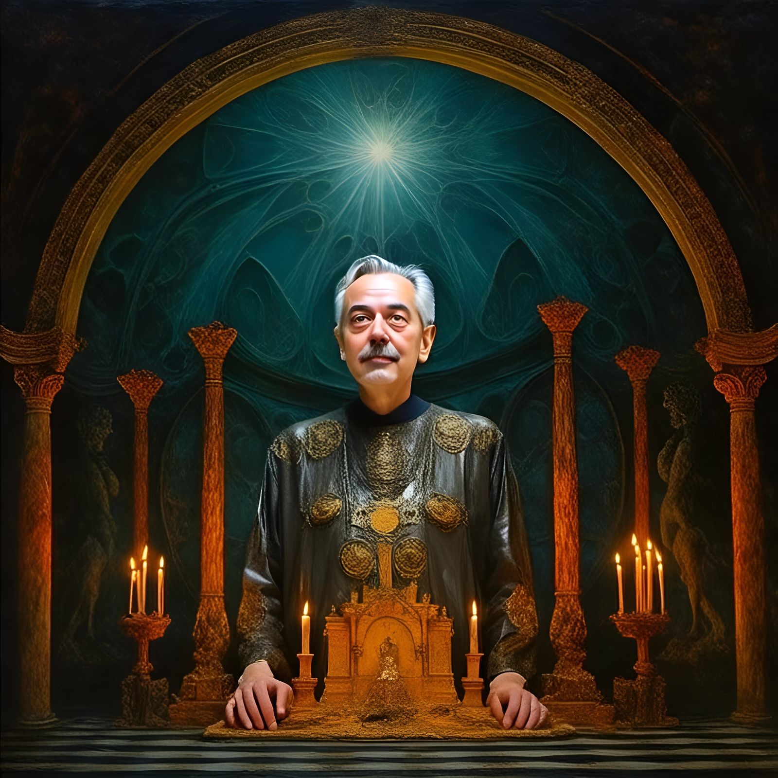 Solemn Figure in Temple: Art Nouveau Style