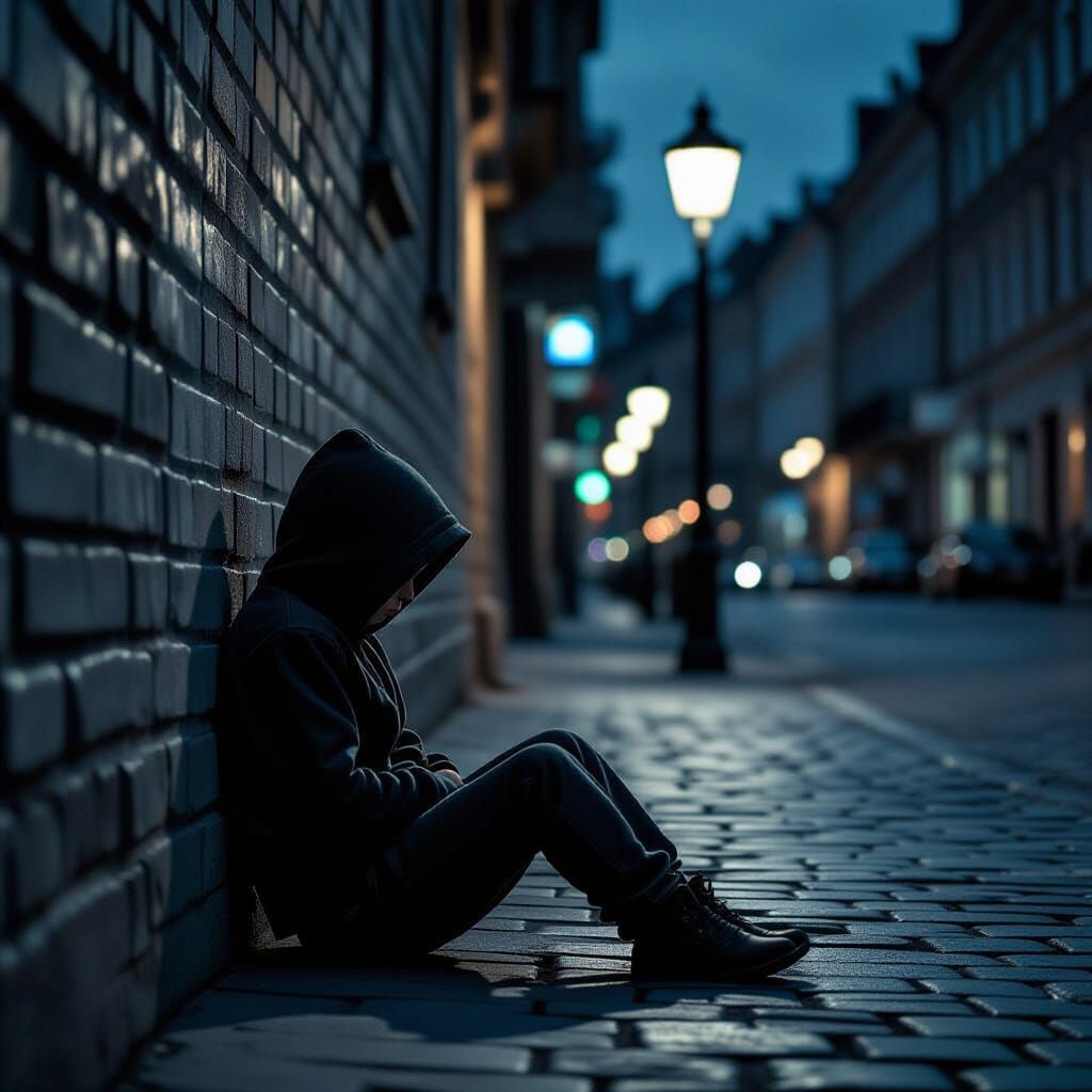 Hooded Boy in Moody Street Scene