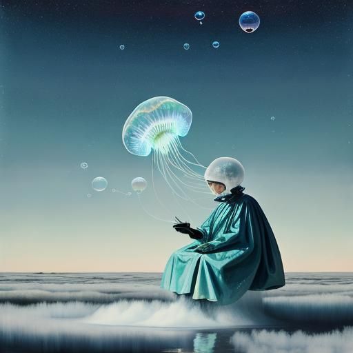 Galactic Jellyfish Floating Above Bubble Planet