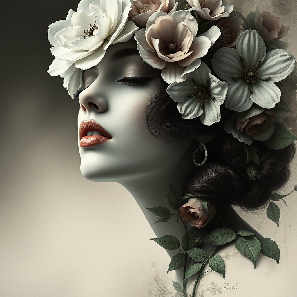 Elegant Floral Portrait in Monochromatic Aquarelle Style