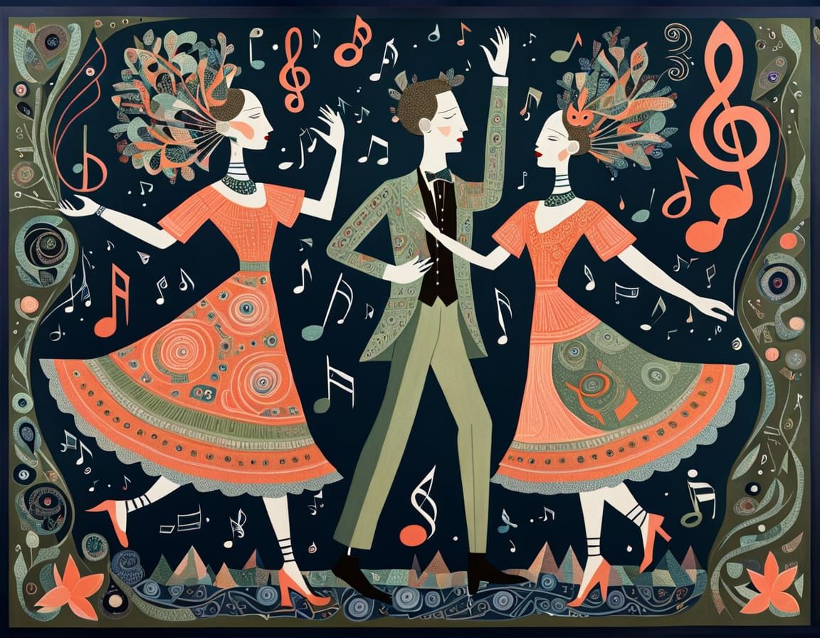 Whimsical Dance Scene in Naive Art Style