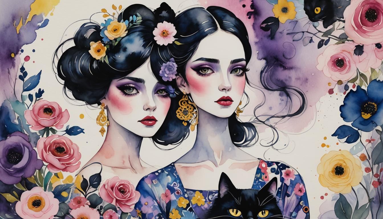 Whimsical Woman with Cat in Watercolor Folk Art