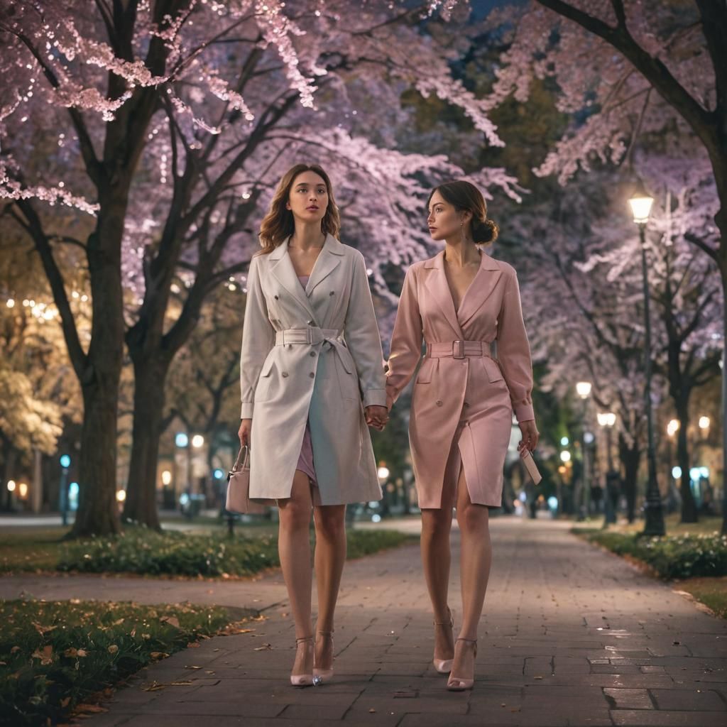 Elegant Women Walking in City Park at Night