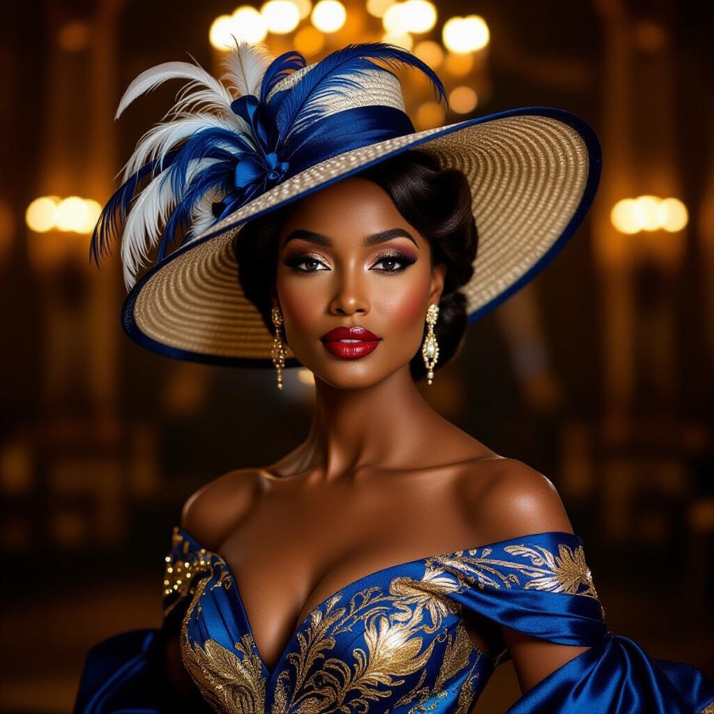 Elegant Black Woman in Blue Gold Gown with Feathered Hat