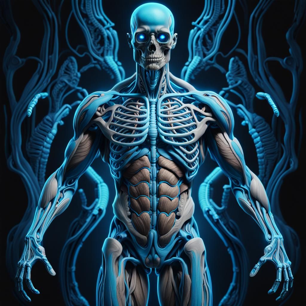 Glowing Neon Anatomical Figure with Bioluminescent Accents