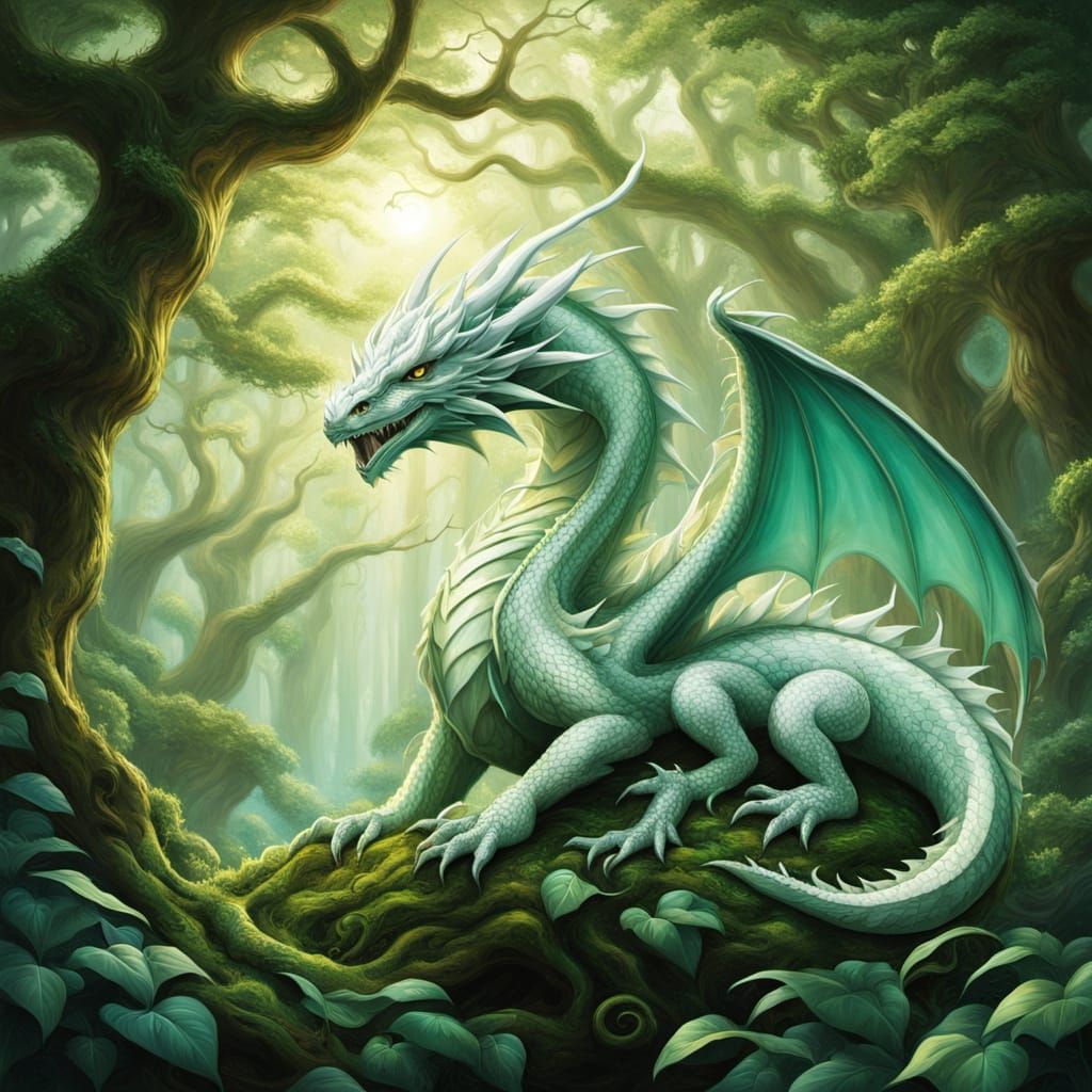 Whimsical White Dragon Basks Under Tree of Life