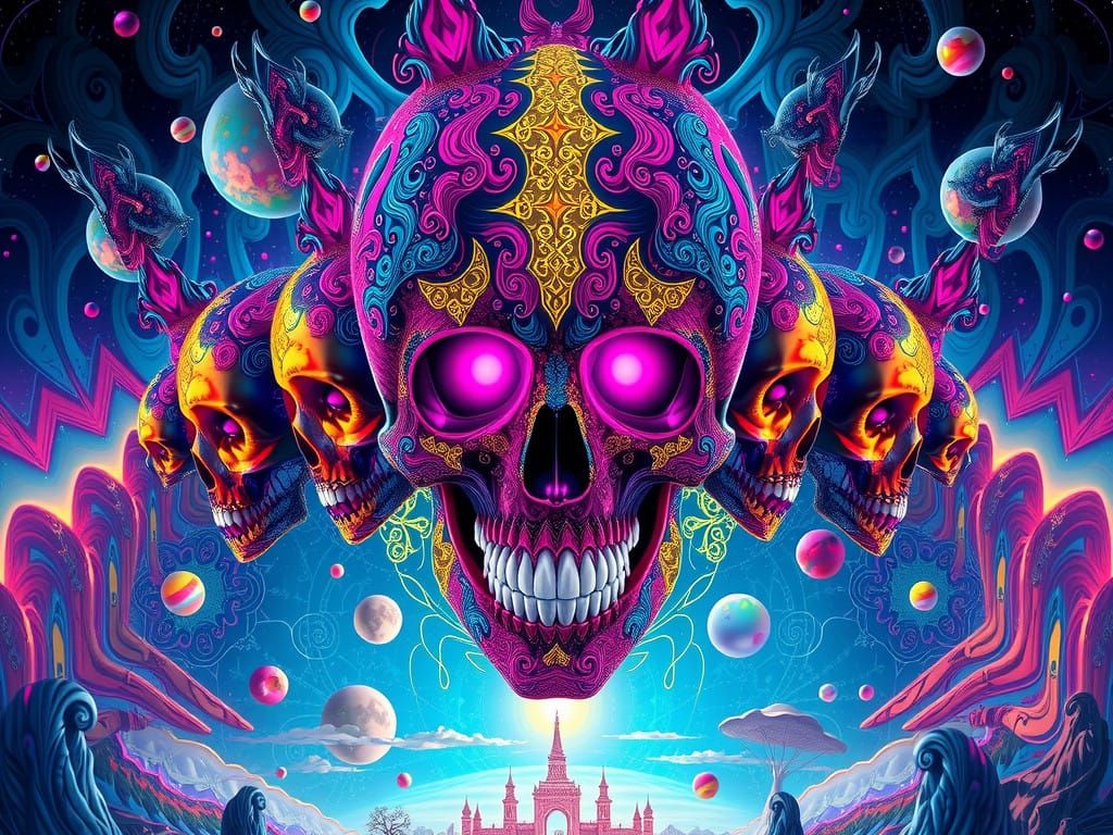 Surreal Entity Unveils Fractal Skull with Blending Faces