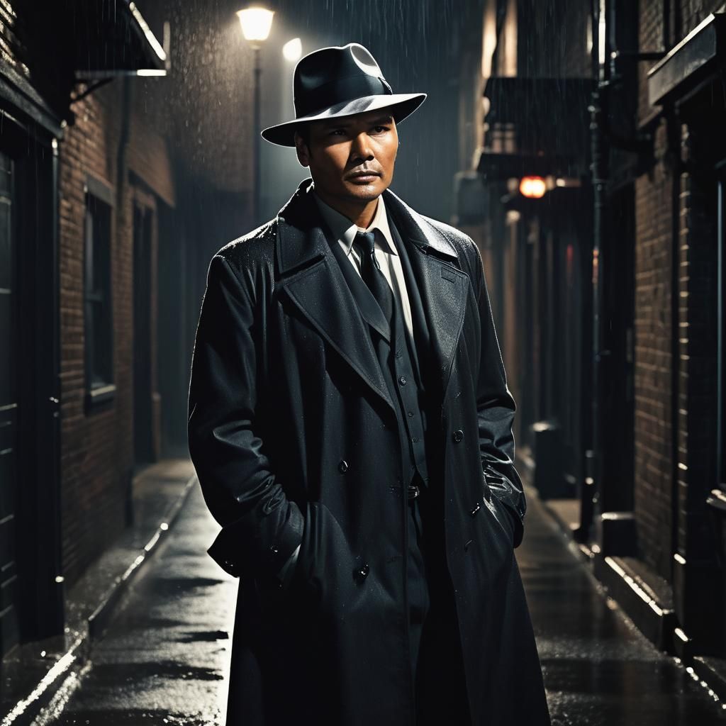 Film Noir Portrait in Rainy Alleyway