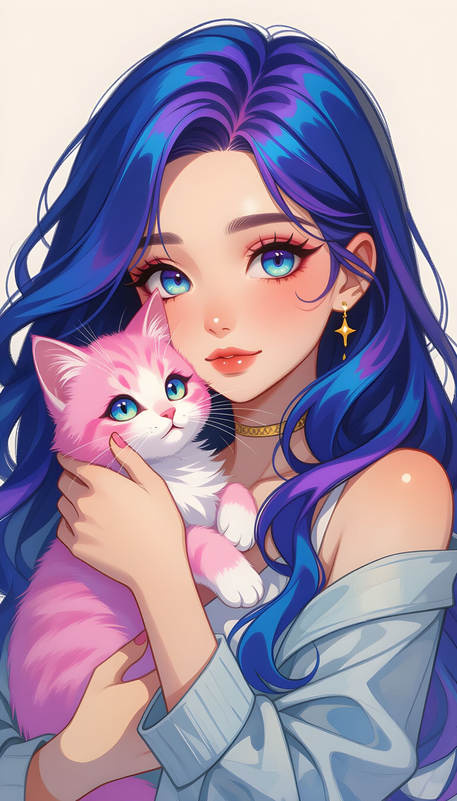 Anime Woman and Kitten Portrait in Charcoal and Oil Textures