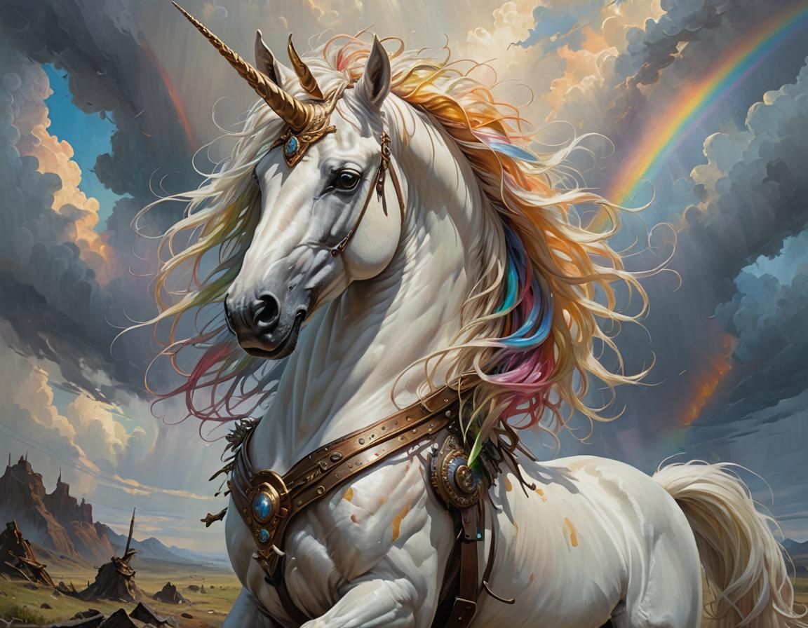 Unicorn Ready to Flee in Post-Apocalyptic Acrylic Painting