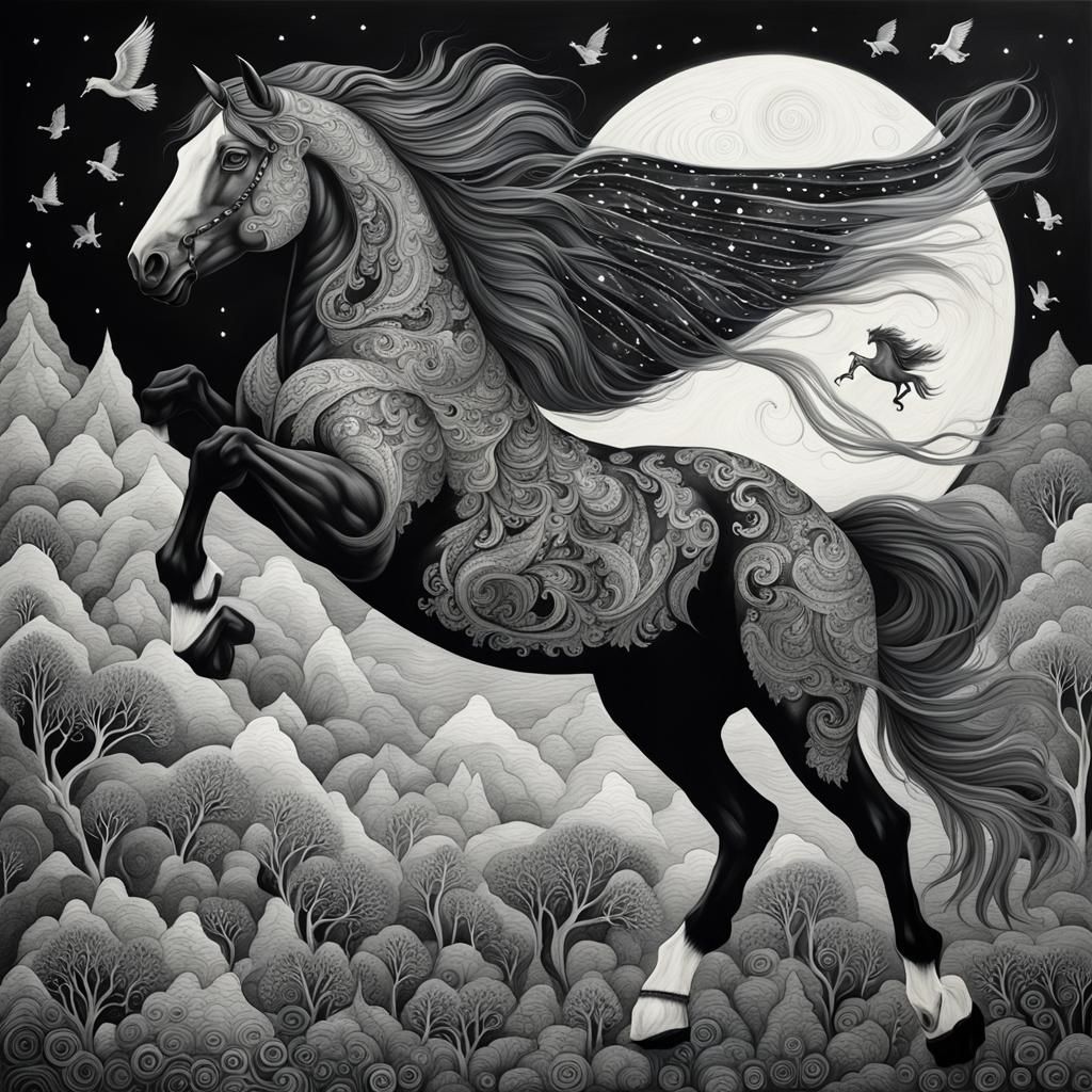 Monochrome Flying Horse in a Fantasy Landscape