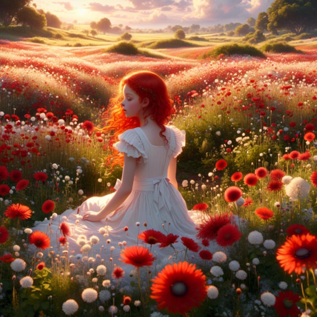 Anime Girl in Flower Field at Golden Hour