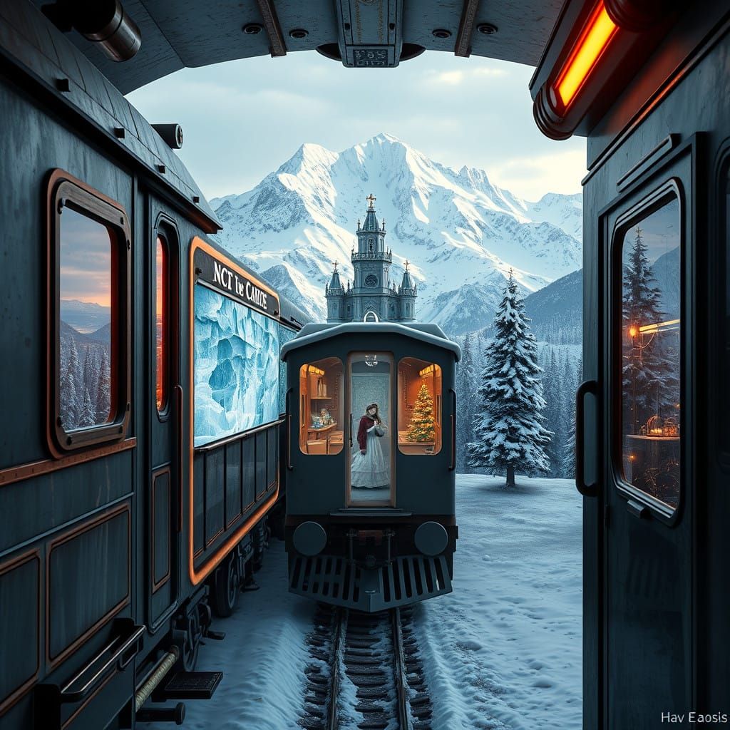 Majestic Train Amidst Snow-Capped Mountains, Ethereal Ice Ca...
