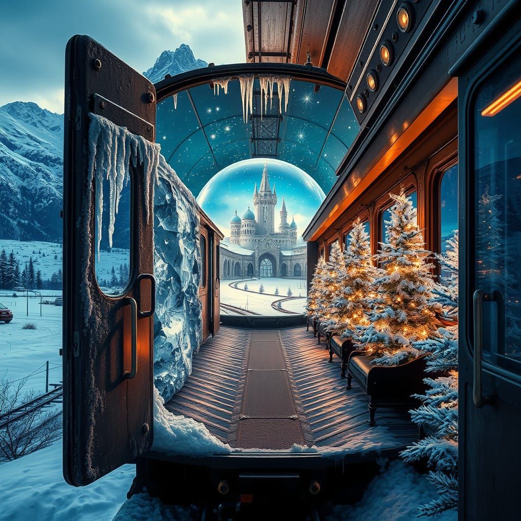 Vibrant Winter Wonderland Inside a Weathered Train