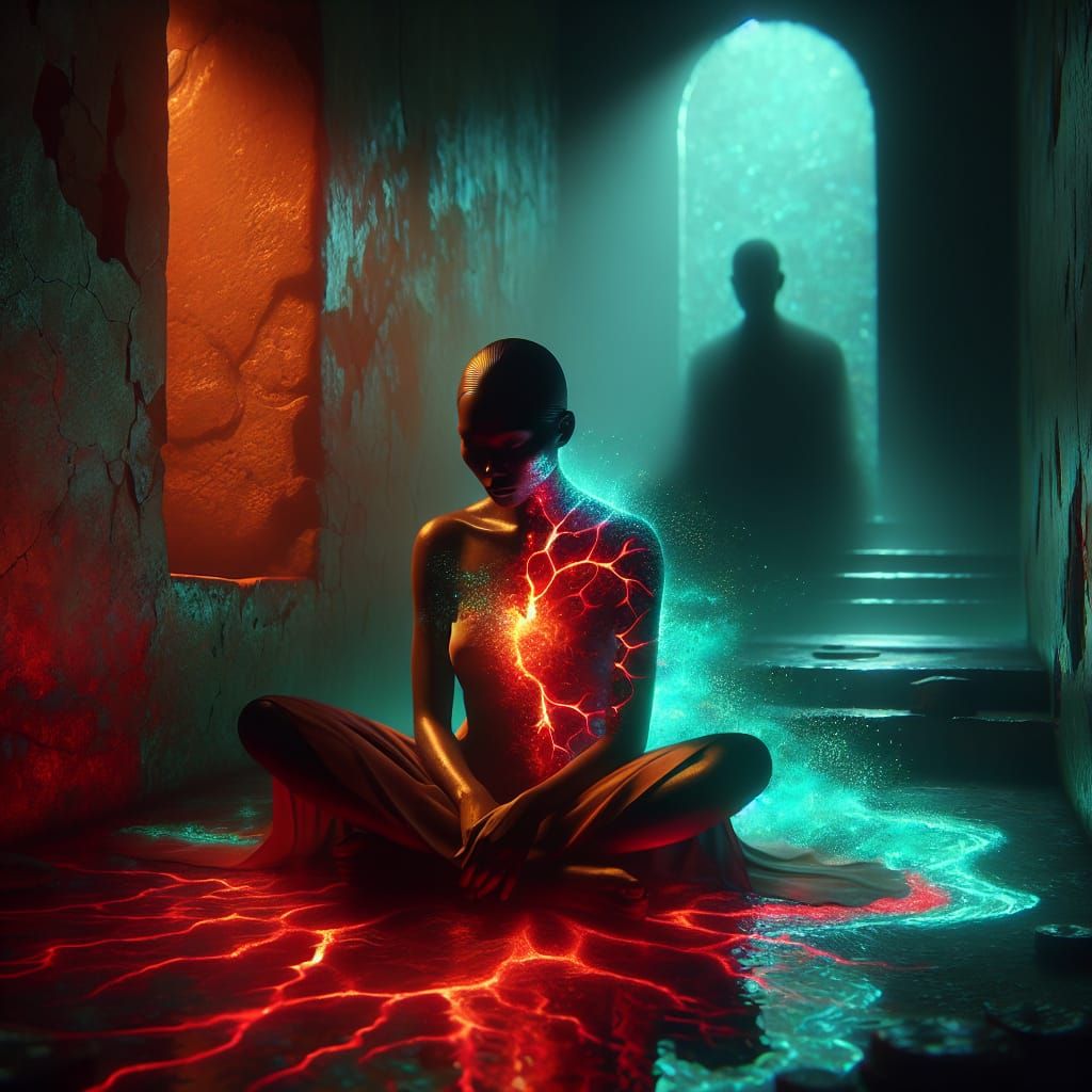 Woman of Porcelain and Light in Melancholic Room