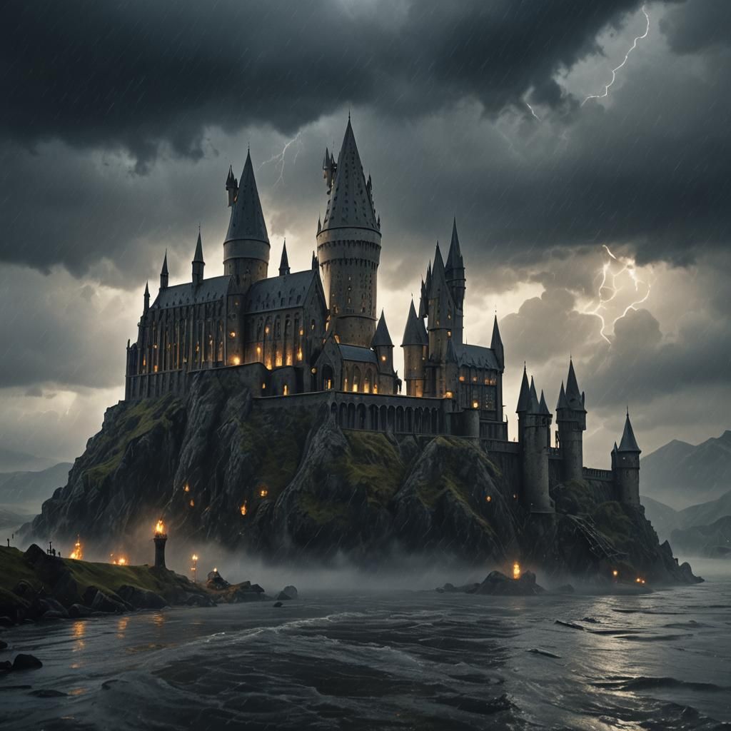 Hogwarts Castle Amidst Stormy Skies: Cinematic Fantasy Art
