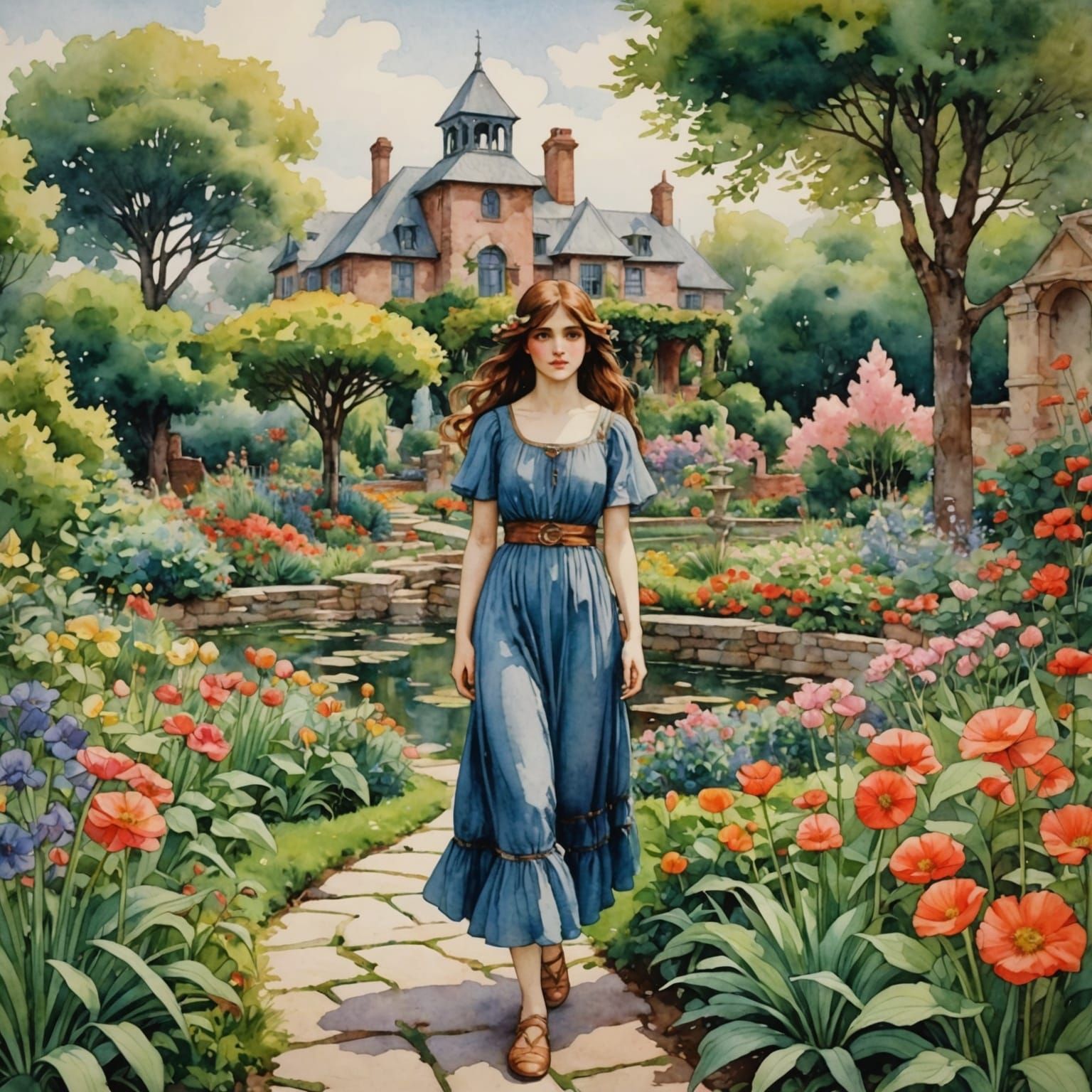 Anime Garden in Waterhouse Watercolor Style