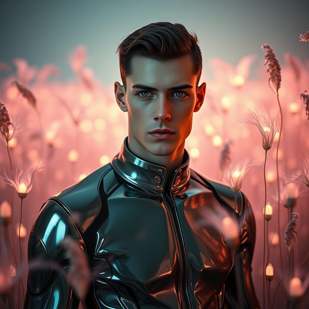 Surreal Futuristic Portrait of a Young Man in Alien Landscap...