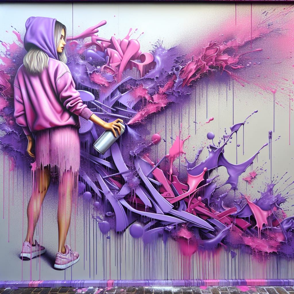 Vibrant Street Art: Woman Creates Graffiti on Purple Wall
