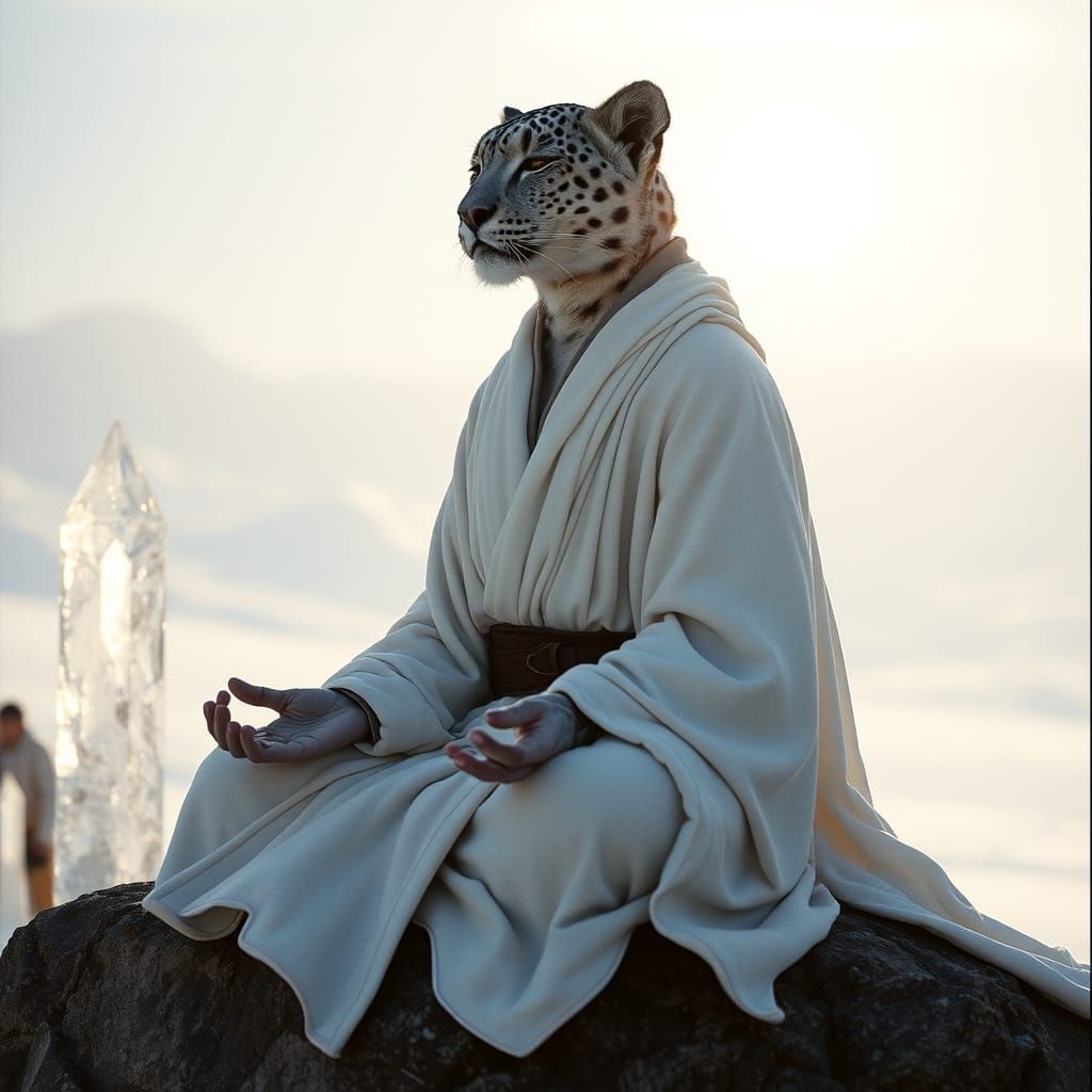 Snow Leopard Jedi Meditating on Crystal Spire