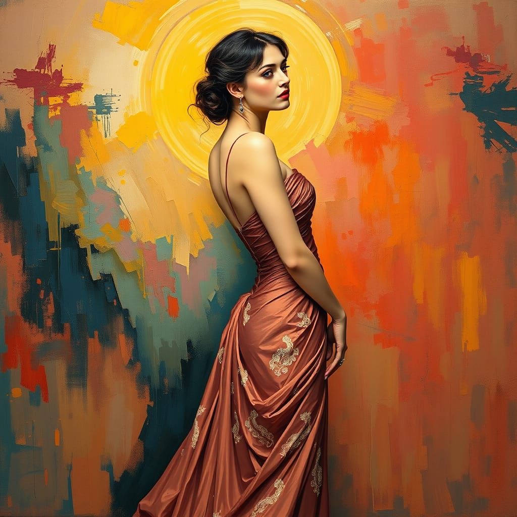 Elegant Woman in Gown Against Vibrant Backdrop
