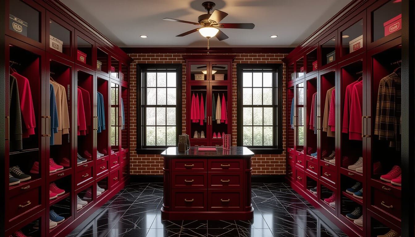 Victorian Walk-In Closet with Red Glass Showcases