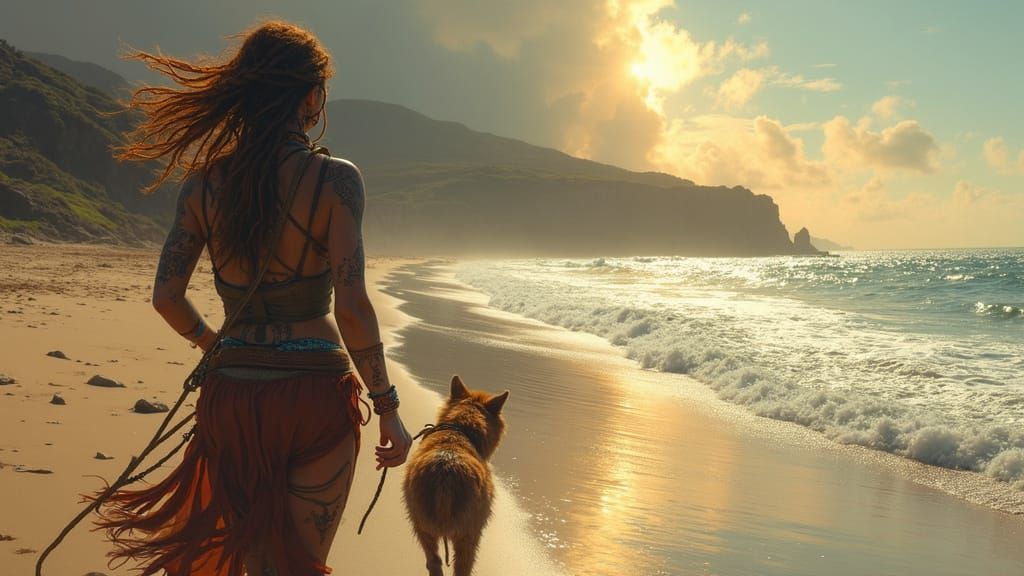 Nomadic Woman Running on Beach with Dog in Cinematic Style