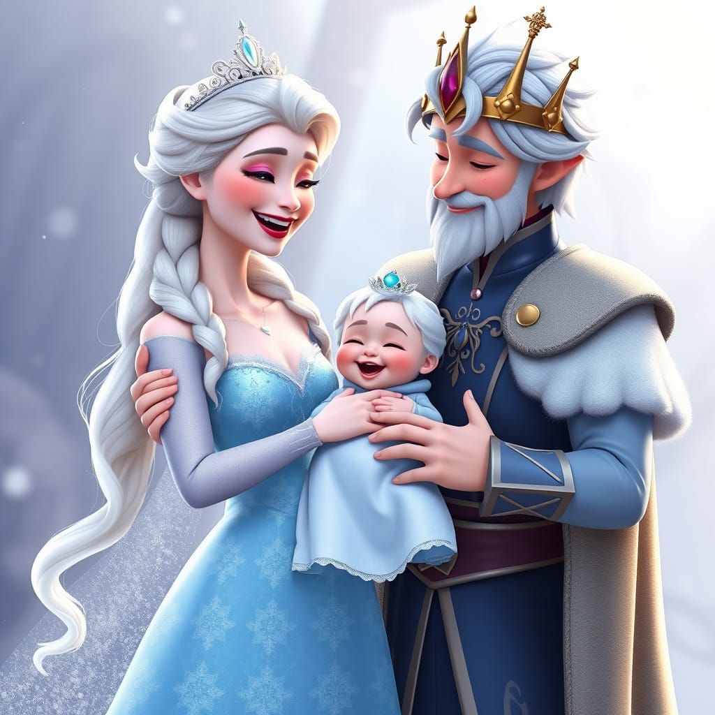 Elsa, Jack Frost, and Baby in Animated Style