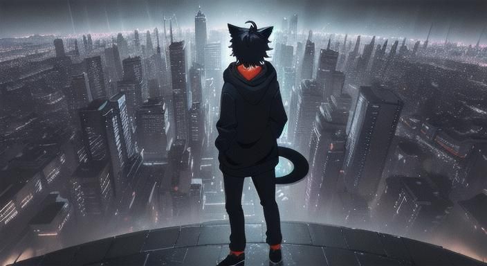 Night Cityscape Anthro Boy in Anime Style