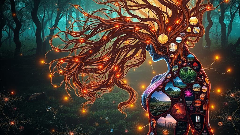 Bioluminescent Forest Dreamscape with Floating Woman