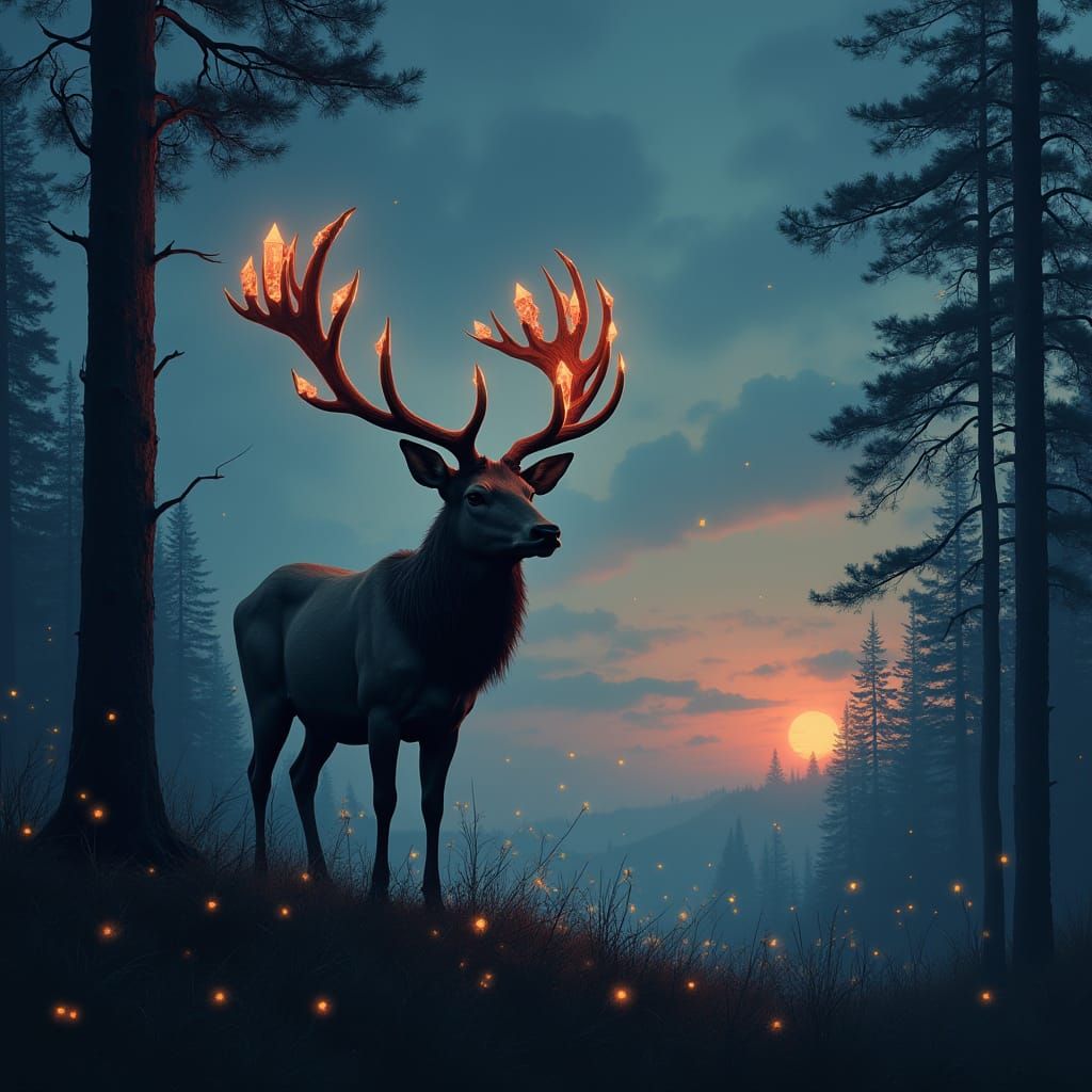 Stag Silhouette with Crystal Antlers in Twilight