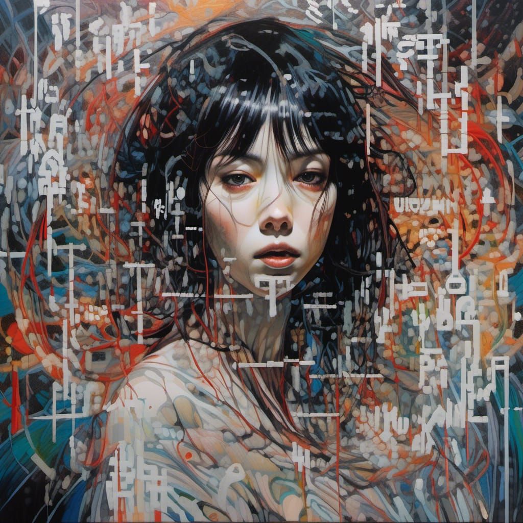 Cosmic Woman Portrait with Swirling Text, Ink Art