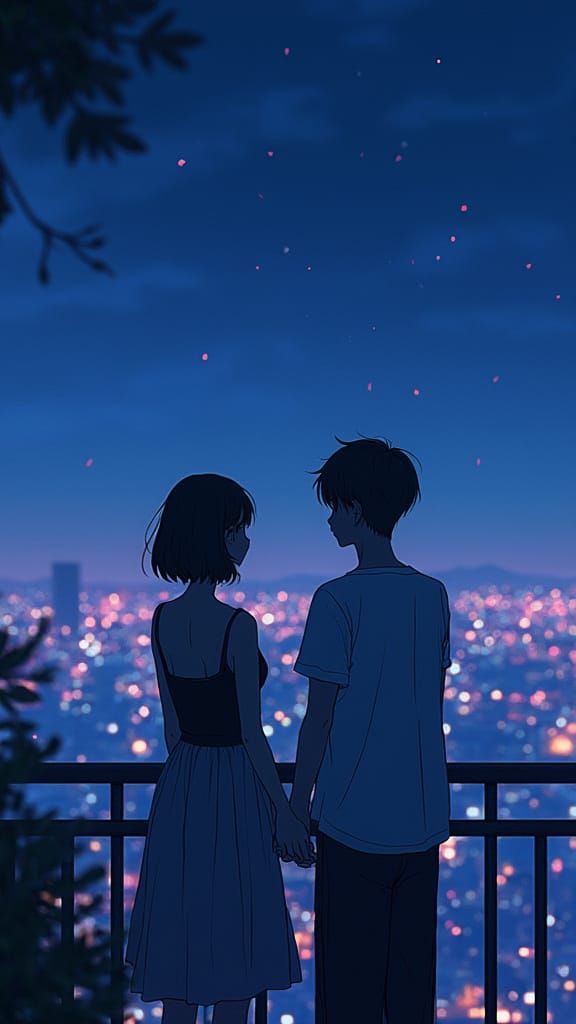 Anime Couple on Balcony Overlooking Neon Cityscape